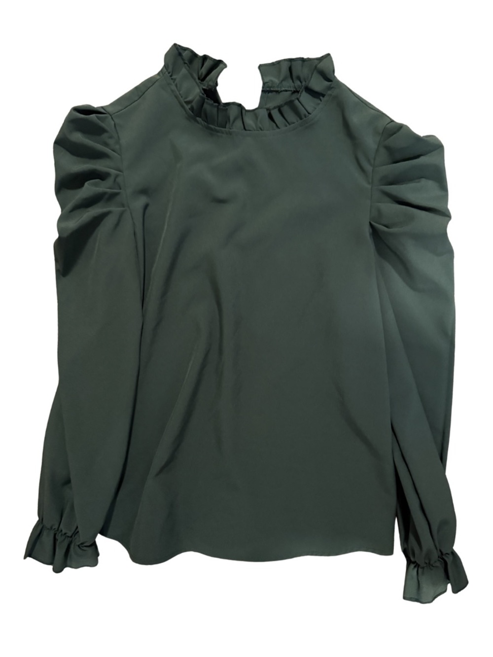 Ruffle Neck Long-Sleeve Blouse - Dark Green